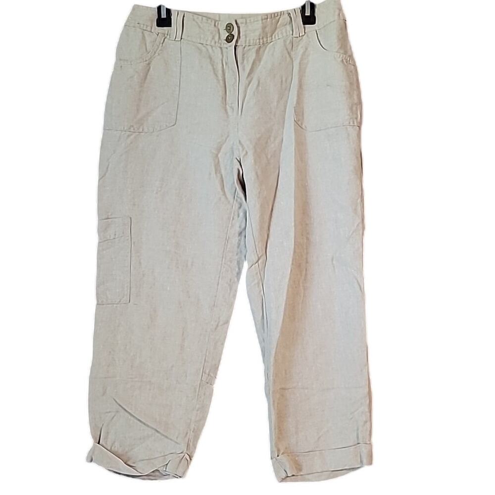 Chico’s Linen Cargo Crop Pants Beige Sz 1 Casual Summer Neutral Resort